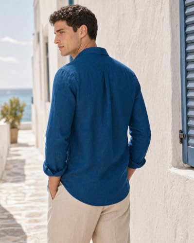 Image of Nobero Breezy Premium Linen Cotton Shirt for Men | Stylish Casual Shirts for Men | Semi Cut Collar | Box Pleat | Curved Hem | Regular Fit | Full Sleeve | S-XXXL