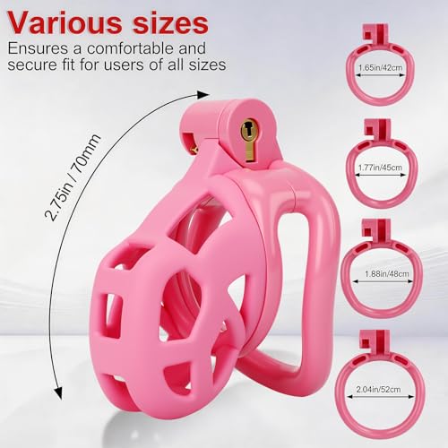 Image of Male Chastity Cage with Elastic Belt & Invisible Lock - 4 Ball Ring Sizes, Ultralight Large Penis Cage for Comfort Fit Long Term Wear(S-70mm) [Pink] - BDSM Gear, Bondage Sex Toys Accessories for Men