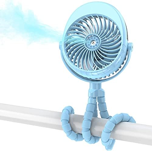 2022 Updated Misting Baby Stroller Fan, 270° & 360° Pivoting Portable Fan, Battery Operated USB Fan, Handheld Misting Fan, with Flexible Tripod Clip on Car Seat Crib Bike Treadmill Bunk Bed, Blue