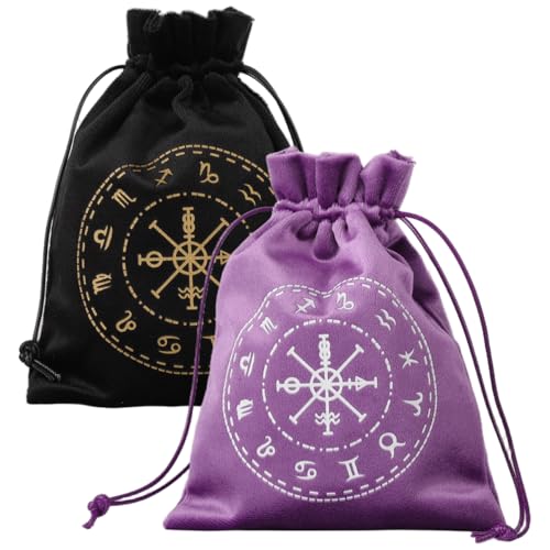 Image of PATPAT 2Pcs Tarot Cards Deck Drawstring Bags 13x18cm, Black and Purple, Mysterious 12 Zodiac Compass Printed Flocking Fabric Tarot Card Storage Bags, Cards Deck Supplies, Gifting