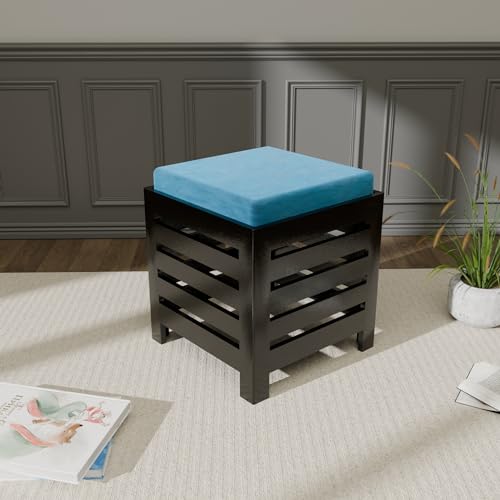 Image of ETIQUETTE ART Cushion Wooden Stool| Foot Stool |Fruit Stool| Square Table| Office Stool| Bedside Table | Cushion Stool | Stool for Kitchen Wooden Stool Cotton Cover (Black & Aqua)