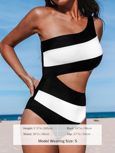 Image of CUPSHE Women One Piece Swimsuit One Shoulder Bathing Suit Cutout Monokini | Removable Soft Cups, Color Block, Classic Bum Coverage, Swim Suit For Beach Vacation Cruise Pool Party