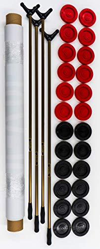 Family Shuffleboard Court with Checker Board 2 Games in One 4\" Discs (12 Red, 12 Black), 4 - Shuffleboard Cues, 3\'W x 18\'L Rollout Court, Rules for Shuffleboard & Checkers