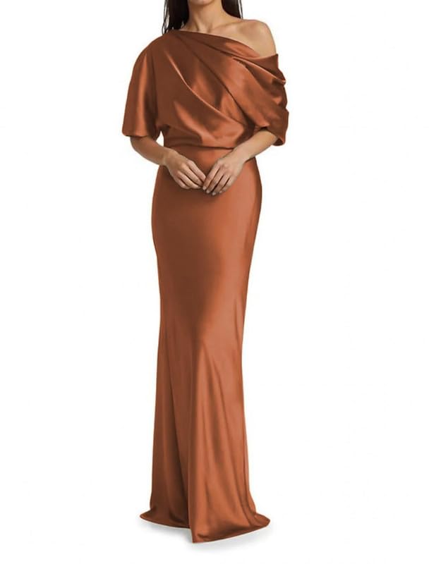 Image of Mermaid Satin Mother of The Bride Dresses for Women Ruched One Shoulder Formal Evening Gowns