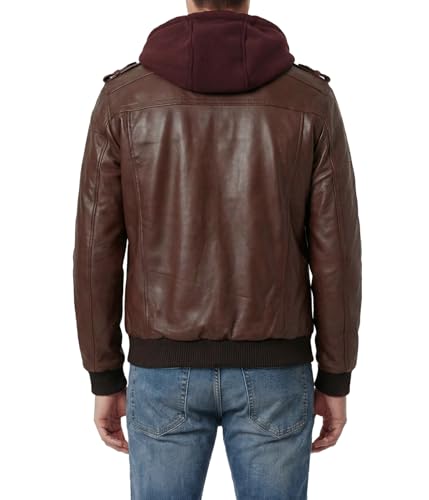 Image of Decrum Mens Leather Jacket - Detachable Hood Stylish Real Lambskin Leather Bomber Jacket Men
