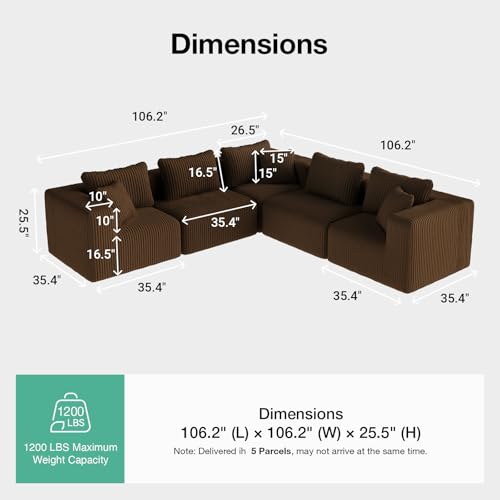 Image of Novilla 106 inch Modular Sectional Sofa, V Shape Sectional Couch, Modern Cloud Design with Smarts Coil Support, Boneless Couch for Large Living Room Apartment, No Assembly Required, Brown