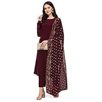 FIORRA Women’s Maroon Poly Crepe A-line Kurta with Pant and Dupatta