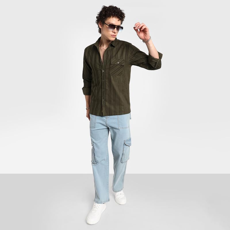 Image of CAHOOT Men's Polycotton Abstract-Textu Shirt |Casual-Wear | Spread Collar | Long Sleeve | Button Closure | Shirt Crafted with Comfort Fit for Everyday Wear