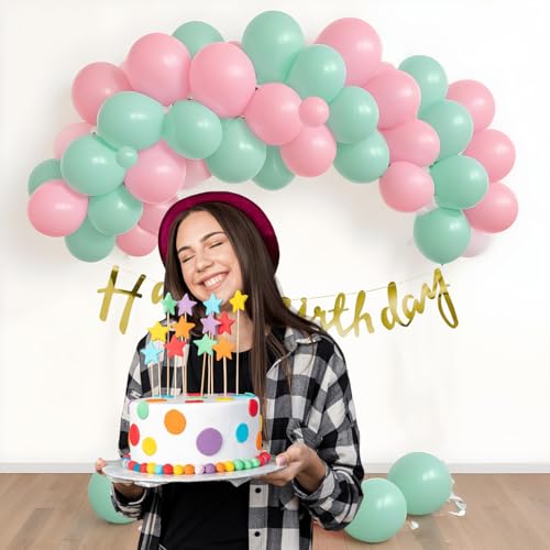 Image of Party Propz Birthday Decoration Items - 63 Pcs, Happy Birthday Decoration | Birthday Decorations for Girls | Pink Green Balloons for Bday Decoration | Birthday Banner(Cardstock)| Glue Dot, Arch Tape