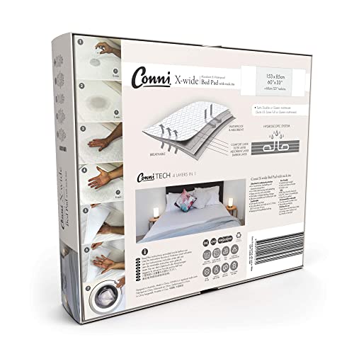 Conni X-Wide Reusable Bed Pad With Tuck-Ins, Absorbent, Waterproof And Washable Protector Pad For Incontinence, Bed Wetting And Perspiration, White, 60" X 33" (153 X 85 Cm) #TOP3