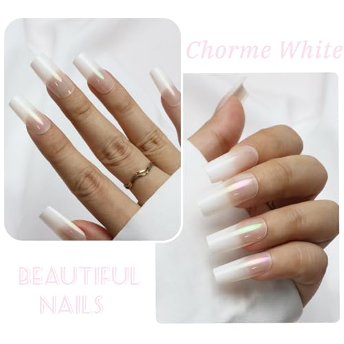 SEMATA White Acrylic Press on Nails Medium Long Square Nails Press ons Coffin White Ombre Glue on Fake Nail with Bling Glossy Designs Reusable Artificial Stick on False Nail for Women 24Pcs — view 4