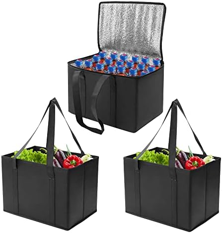 DAREKUKU 3 Pack Reusable Grocery Bags, Foldable Washable Insulated Shopping Bags For Groceries With Reinforced Bottom & Handles (2 Grocery Tote Bags + 1 Insulated Cooler Bag)