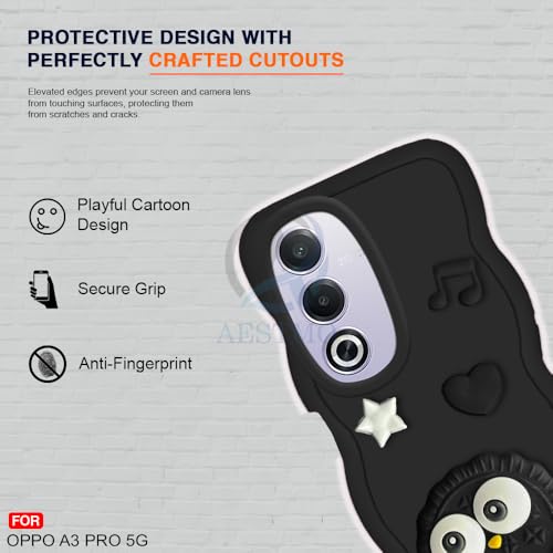 Image of AESTMO Back Case Cover for Oppo A3 Pro 5G | 3D Cute Fun Cartoon Characters | Anti Slip Grip Cute Wave Curly Frame Shape | Full Body Protection Back Cover for Oppo A3 Pro 5G (Black)