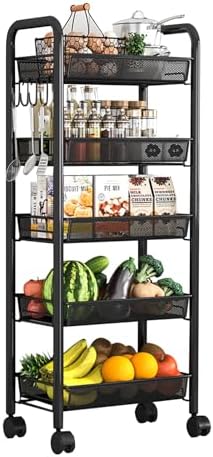 Rooling Produce Racks 5-Tier Slim White Rolling Vegetable Rack - Space-Saving Kitchen Storage ...