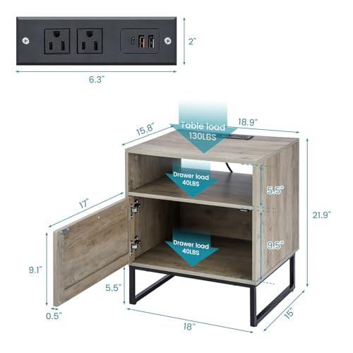 Boho Gray Nightstand with Charging & LED Lights for Living or Bedroom