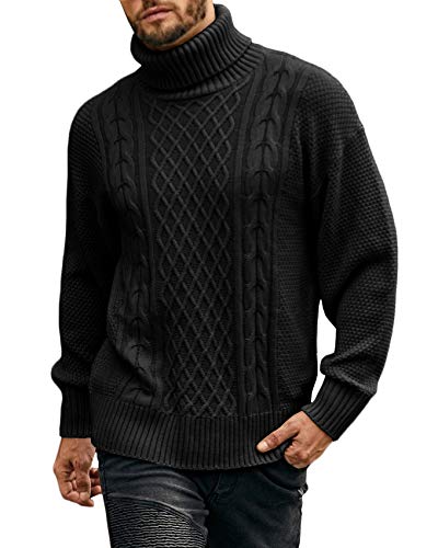 Mens Turtleneck Sweater Pullover Twisted Pattern Casual Loose Fit Thick Winter Long Sleeve Cable Knit Sweaters