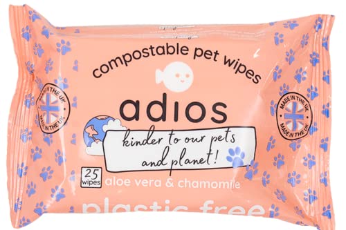 Adios Plastic Compostable Grooming Wipes - 100 count (4x25) - Dog Wipes - Compostable Pet Wipes with Aloe Vera and Chamomile - Made in the UK