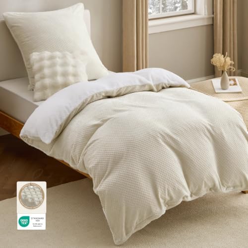 BEDSURE Flanell Bettwäsche 135x200 2tlg. - Beige Warmes Set, 80x80 Kissen | OEKO-TEX, Flauschiger Bettbezug mit Reißverschluss, Waffel-Design, Winter-Bettwäsche-Set in Biber-Optik,