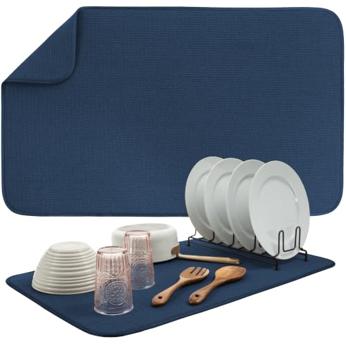 Image of S&T INC. Dish Drying Mat Jumbo, 18 inch x 30 inch, Absorbent Microfiber Kitchen Counter Mat, Dish Drying Pad for Dishes, Utensils, Pots and Pans, Jumbo, Navy