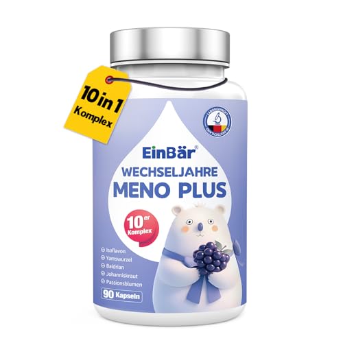 EinBär Meno Plus Menopausia 10 cápsulas complejas 500 mg raíz de ñame trébol rojo, valeriana, isoflavonevit. B9+B12 contra los síntomas de la menopausia equilibrio hormonal producido en Alemania