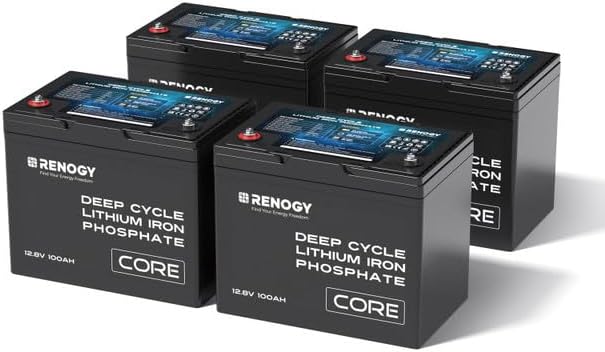 Renogy 12V 100Ah LiFePO4 Battery with 5000+ Deep Cycles, 12V Lithium Battery with BMS Protection & IP65, Backup Power for Van Caravan Campervan Motorhome Cabin Marine, Support Series/Parallel, 4 Pack