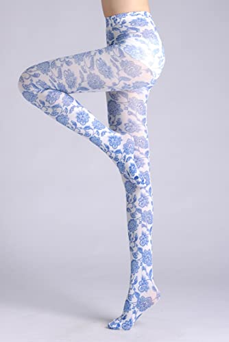 Sahabowi Digital Print Pantyhose For Women, Sheer High Waist Tights, Control Top Stockings, Super Elasticity&Thin (Hlw2021090906, Porcelain Blue, 1Ps) #TOP2