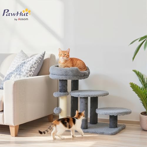 PawHut Katzentreppe 3-stufige Haustiertreppe mit Bett Ball Hundetreppe Tiertreppe für Katzen bis 5 kg Plüsch Grau 60 x 40 x 56 cm