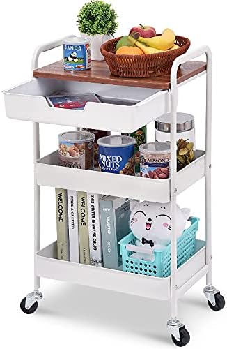 TOOLF 3-Tier Utility Rolling Cart with Wooden Board & Drawer, Metal Storage Cart with Handle, White Trolley Kitchen Organizer Rolling Desk with Locking Wheels for Office, Classroom, Home, Bedroom