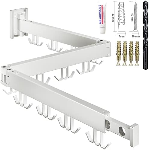 Kenvc Wall Mounted Clothes Drying Rack,Laundry Drying Rack Wall Mount,Drying Rack Clothing for Laundry,3-Pole Collapsible,Retractable Clothes Drying Rack for Laundry,24 Hooks (White)