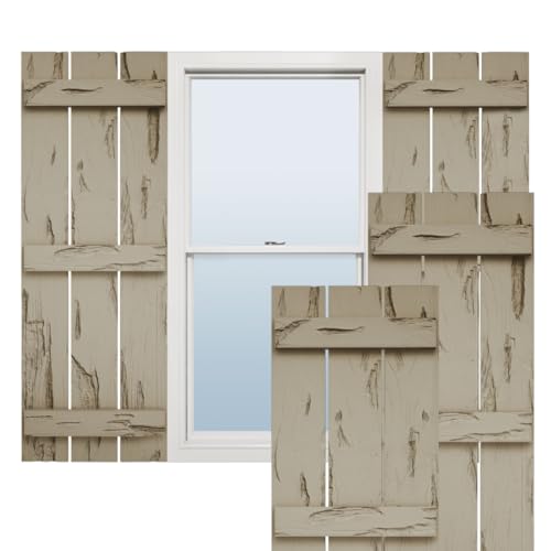 Ekena Millwork 17 1/2"W x 76"H Rustic Three Board Spaced Board-n-Batten Pecky Cypress Faux Wood Shutters (Per Pair), Primed Tan