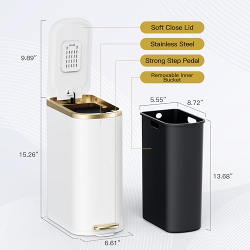 Image of CEROELDA Small Bathroom Trash Can with Lid-10L /2.6 Gal-Soft Close Lid-White