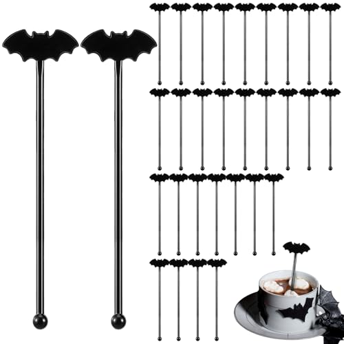 SiliFine 30 Pcs Halloween Swizzle Sticks Plastic Coffee and Cocktail Stirrers Fall Thanksgiving Drink Stirrers Cocktail Mixers for Halloween Fall Autumn Party Tea Coffee Bar Decoration(Bat)