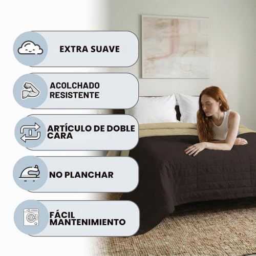 Colcha de verano 2 plazas Datex Elegant reversible color marrón y crema para cama de 260x270 cm 3