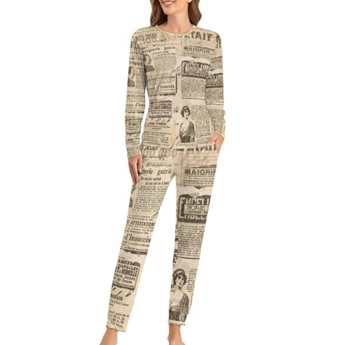 Pyjama femme journal rétro avec t-shirt manches longues et pantalon de nuit confortable