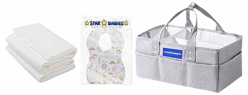 Star BabiesBaby Essentials Pack of 4 (Caddy Organizer Diaper big, Bibs 10pcs, Towel 3pcs)-Grey New