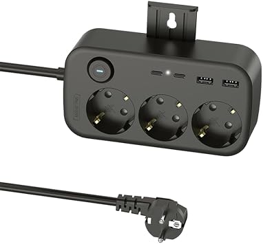 3'lü Priz + 4 USB (2 Type-C + 2 USB-A) Çoklayıcı | Duvara Monte Edilebilir, Aç/Kapa Anahtarı, Akım & Kısa Devre Koruma, Yüksek Güç