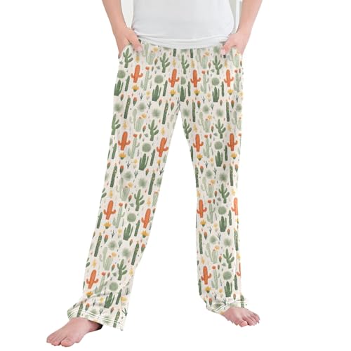 Cactus Plant Long Pajama Pants Elastic Waist PJ Bottoms with Pockets S A113243