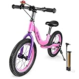 I BUY IT 16 Zoll Laufrad ab 4 5 6 7 Jahre Jungen Mädchen, Verstellbares Kinder Laufräder mit Bremse & Ständer, Kinderlaufrad ohne Pedale mit Luftreifen & Fußstütze (Rosa & Lila, 16 Zoll)