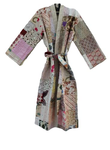 Mujeres Kimono Robe hecho a mano Patola de seda blanca Kantha Quilt Body Warmer Coat Rob Patchwork Overcoat Jacket Rajbhoomi Cover