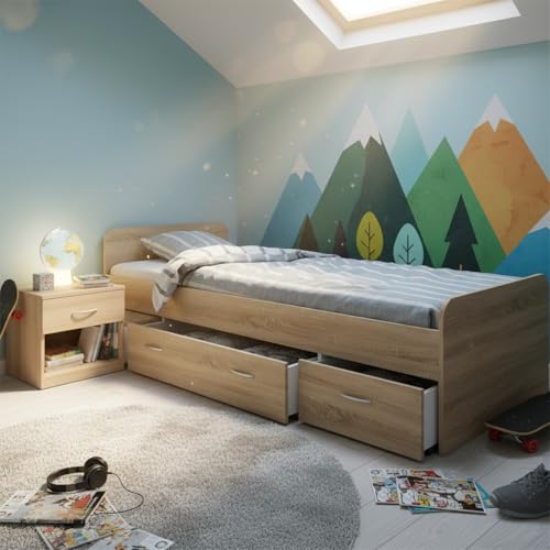 Boro Modernes Einzelbett mit 3X Schubkästen 90 x 200 cm - Praktisches Jugendzimmer Kojenbett in Eiche Sonoma Optik - 95 x 66 x 204 cm (B/H/T)