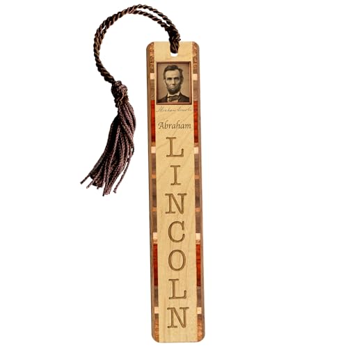Abraham Lincoln Presidential Wooden Bookmark | Printed Portrait with Engraved Name Design for History Lovers | Handmade Wood Bookmark with Brown Collegiate-Style Chainette Tassel | Made in the USA