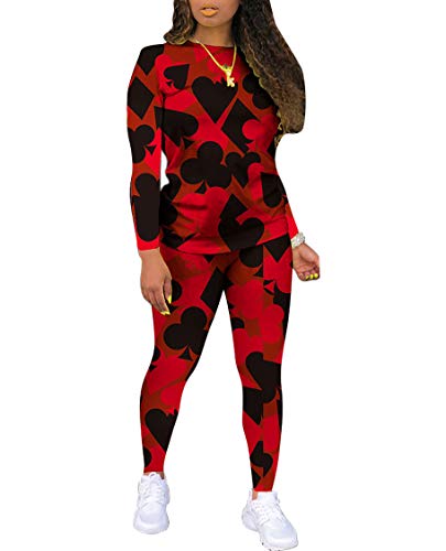2 Piece Outfits for Women - Casual Poker Face Printed Two PC Sets Long Sleeve T Shirts + Skinny Pants Sweatsuitst Tracksuits Sportswear Activewear 3# Red Medium
