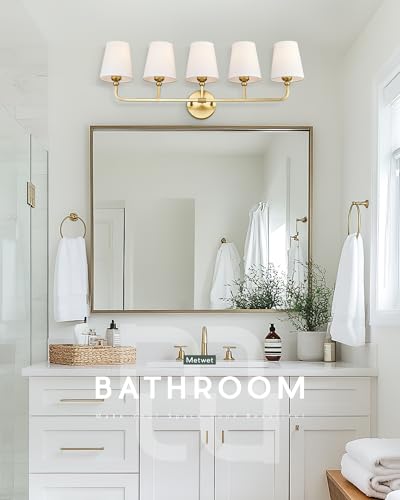 Image of Bathroom Light Fixtures, 5 Light Brushed Gold Vanity Lights with Flared White Fabric Shade, 35 Inch Wall Sconce, Modern Sconces Wall Lighting for Hallway Bedroom, VL837-BG-5
