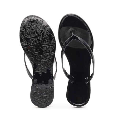 Image of Womens Flip Flops Thong Sandals Jelly Shoes Flat for Ladies Slides Black Slippers Size 10 Slip On Summer Beach Dressy