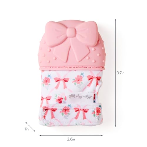 Image of Itzy Ritzy Silicone Teething Mitt - Soothing Infant Teething Mitten with Adjustable Strap, Crinkle Sound & Textured Silicone to Soothe Sore & Swollen Gums - for Ages 3 Months & Up (Bow)