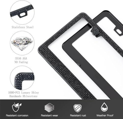 Einesin Bling Rhinestone Car License Plate Frames - Diamond Bedazzled Handcrafted Stainless Steel - Bedazzled Sparkly Caps for Men and Women (2 Pack) (Black) by Einesin - Image 3