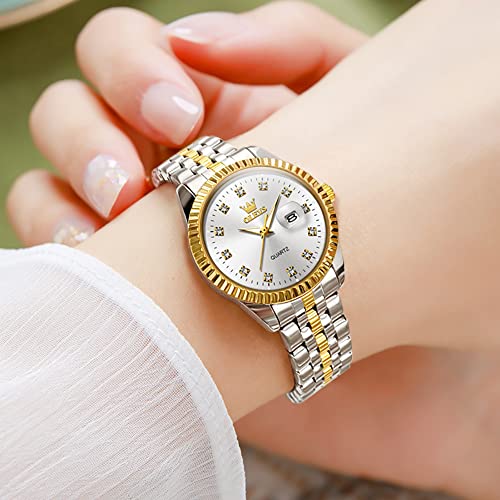 Elegant OLEVS Women's Diamond Analog Watch - Slim White Face with Two-Tone Stainless Steel Band - Auto Date Luxury Round Wrist Watch - Image 2