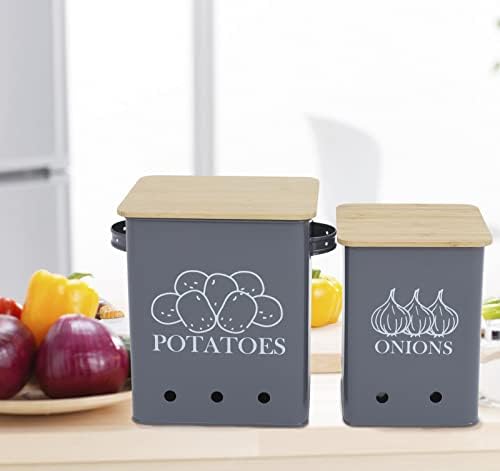 Xbopetda Kitchen Storage Canister Set of 2, Potato Onion Storage Bin with Aerating Tin Storage Holes & Wooden Lid - Kitchen Pantry Organizer Tin Vegetable Fresh Keeper (Gray)