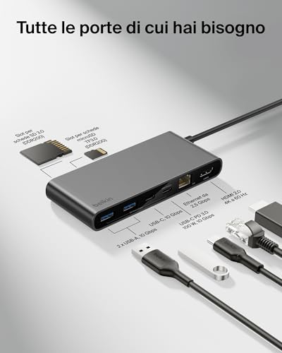 Connect Hub USB C a 8 Porte, Supporta Display con Risoluzioni Fino a 4K a 60 Hz, Funziona con Mac, Windows e Chromebook, 100W PD con Trasferimenti dati di 10Gbps ed Ethernet 2,5 Gbps - Grigio - Hub USB - Immagine 2