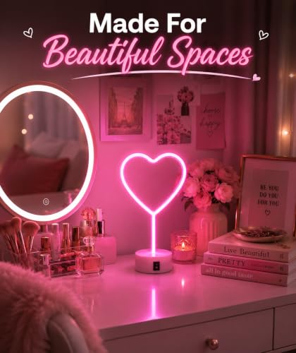 Image of Quace Heart Neon Light Pink LED Lamp for Room Decor, Dual Power USB & 3 AA Batteries, Romantic Heart Shape Night Light for Bedroom, Girls Room Decor, Desk Decor, Valentine's Gift, Birthday Gift